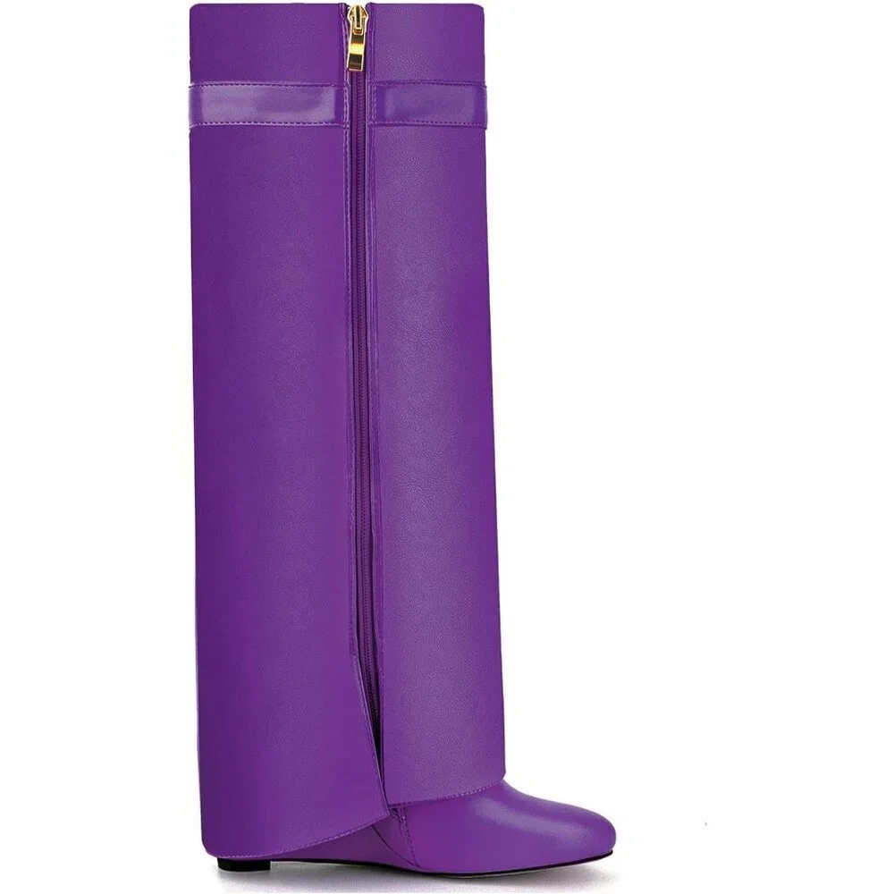 Women Faux Leather Purple Pull-on Wedge Heel Knee Shark Padlock Design Boot